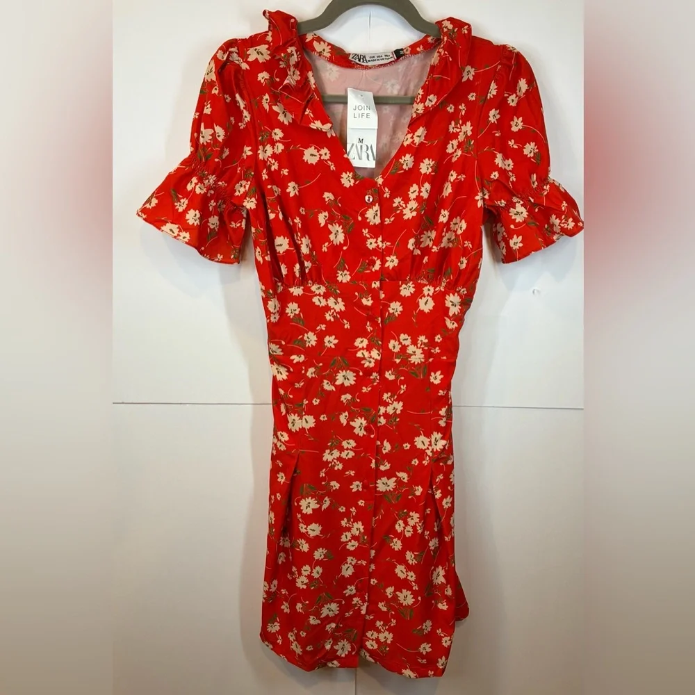 ZARA Red Floral Mini Dress Medium NWT Join Life V-neck Flutter Sleeve - Picture 1 of 8